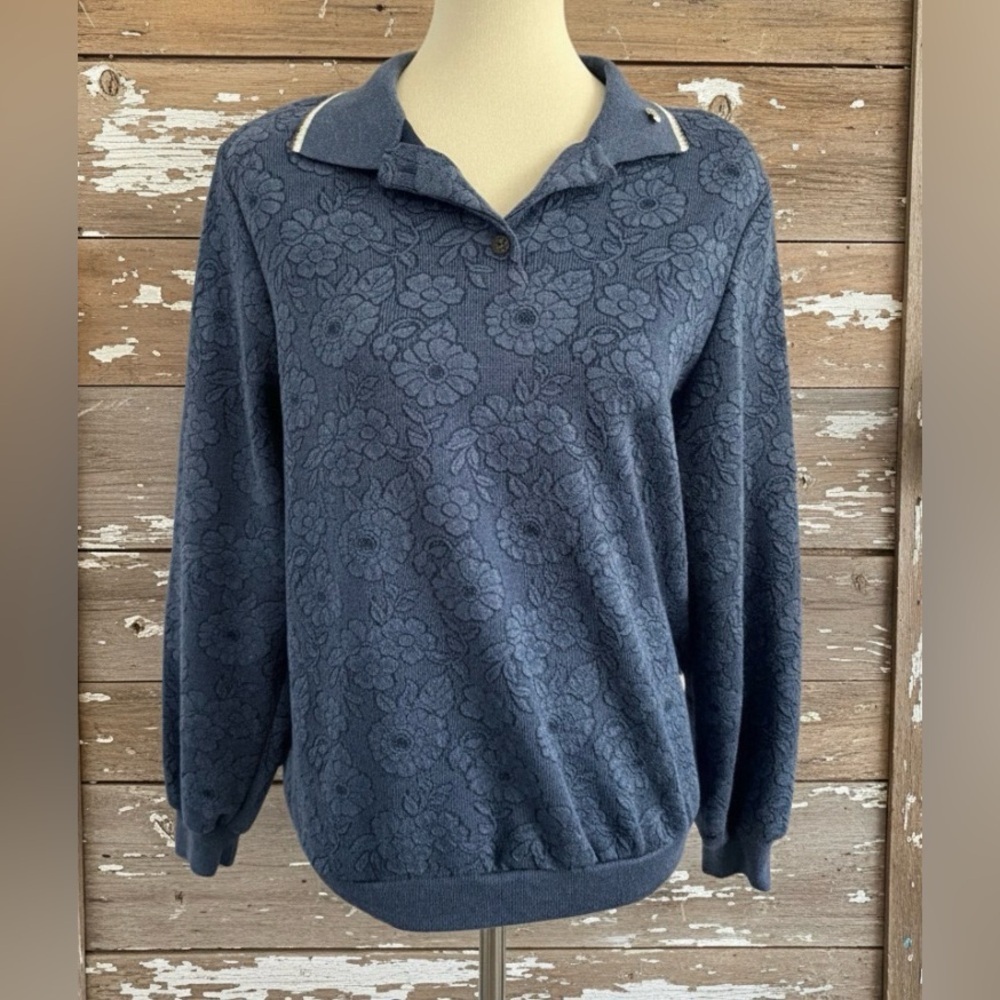 Vintage Cape Cod Sportswear Blue Floral Long Sleeve Collared Sweater Size Small